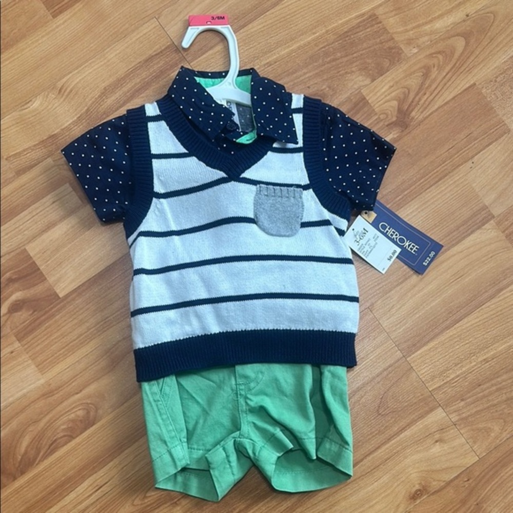 NWT 3-6 month Cherokee 3pc Baby Outfit - Navy, White, Green